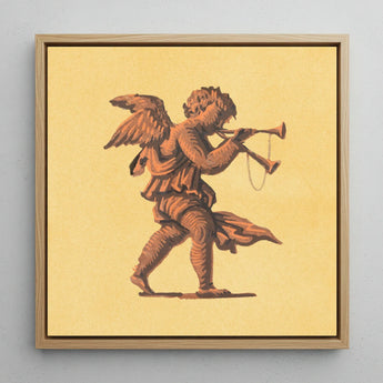 Cherub Blowing Trumpets - Neoclassical Angel Art Print / Canvas Framed Artwork Bronze-toned Winged Figure Horn Pale Yellow Cherub Blowing