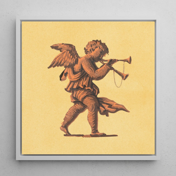 Cherub Blowing Trumpets - Neoclassical Angel Art Print / Canvas Framed Artwork Brown Winged Cherub Horn Pale Yellow Blowing Trumpets,