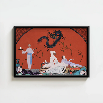 Framed Artwork Stylized Black Dragon Orange Background Figures George Barbier’s Chez, Barbier Art, Opulent Decadence