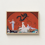 Framed Artwork Stylized Black Dragon Orange Background Figures George Barbier’s Chez, Barbier Art, Opulent Decadence