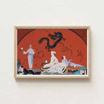 Framed Artwork Stylized Illustration Black Dragon Orange Background George Barbier’s Chez, Barbier Art, Opulent Decadence