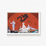 Framed Art Deco-style Illustration Black Dragon Orange Background George Barbier’s Chez, Barbier, Opulent Decadence