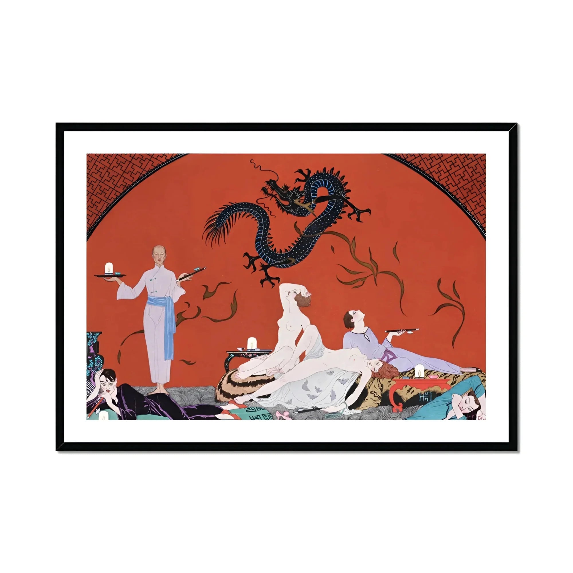 Chez La Marchande De Pavots - George Barbier 1920s Art Print, Art Deco Illustration Figures Beneath Stylized Chinese Dragon