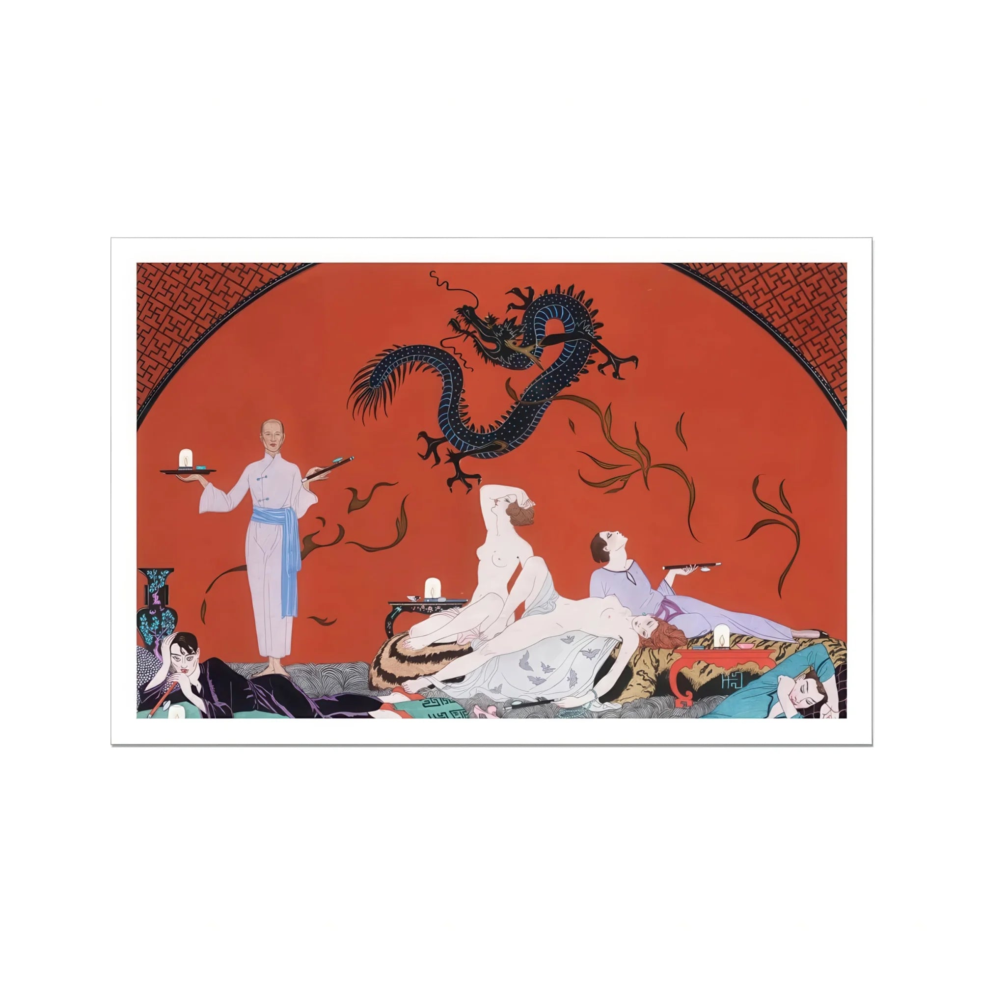 Chez La Marchande De Pavots - George Barbier 1920s Art Print, Art Deco Illustration Figures Decorative Chinese Dragon Red