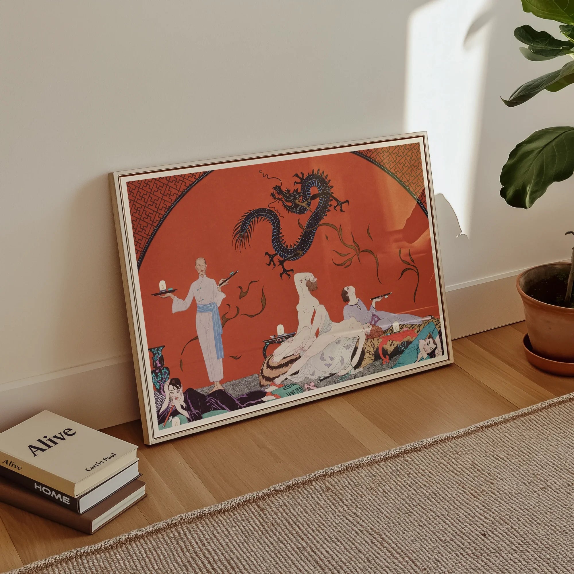 Chez La Marchande De Pavots - George Barbier 1920s Art Print, Framed Art Print Asian-inspired Scene Dragon Figures Coral-colored
