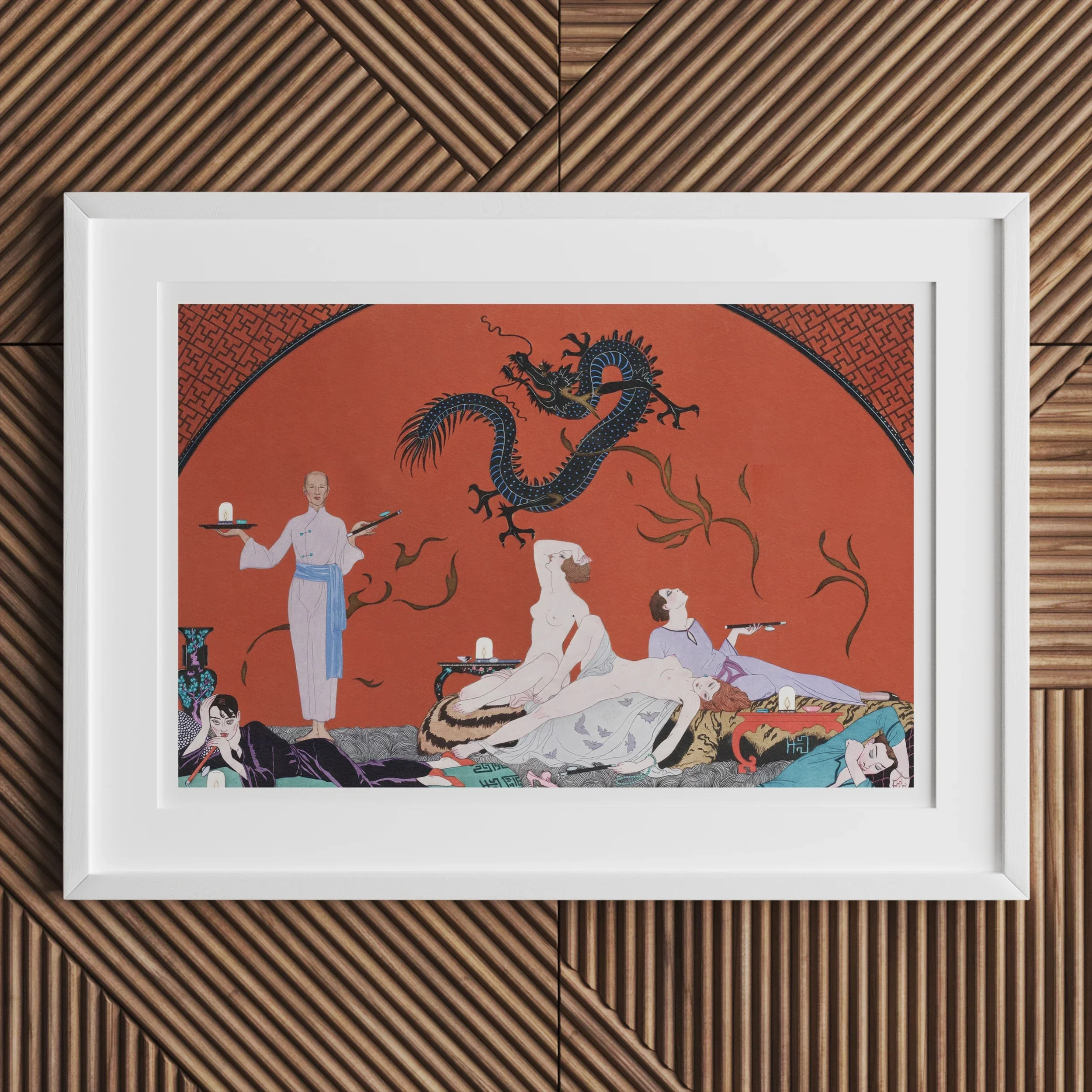 Chez La Marchande De Pavots - George Barbier 1920s Art Print, Framed Art Print Stylized Asian-inspired Scene Figures Dragon
