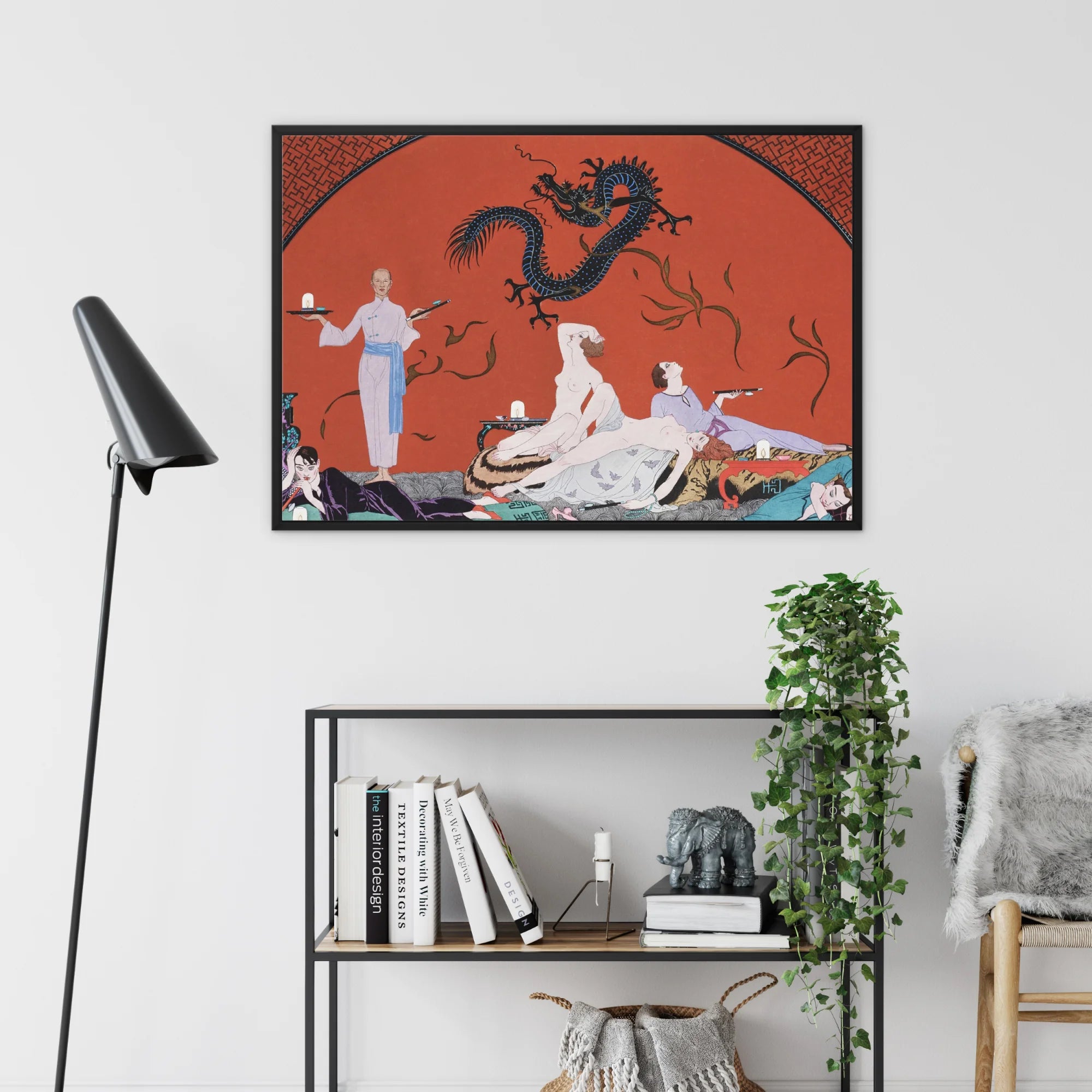 Chez La Marchande De Pavots George Barbier Framed Canvas, Framed Art Print Asian Inspired Scene Dragon Figures Orange