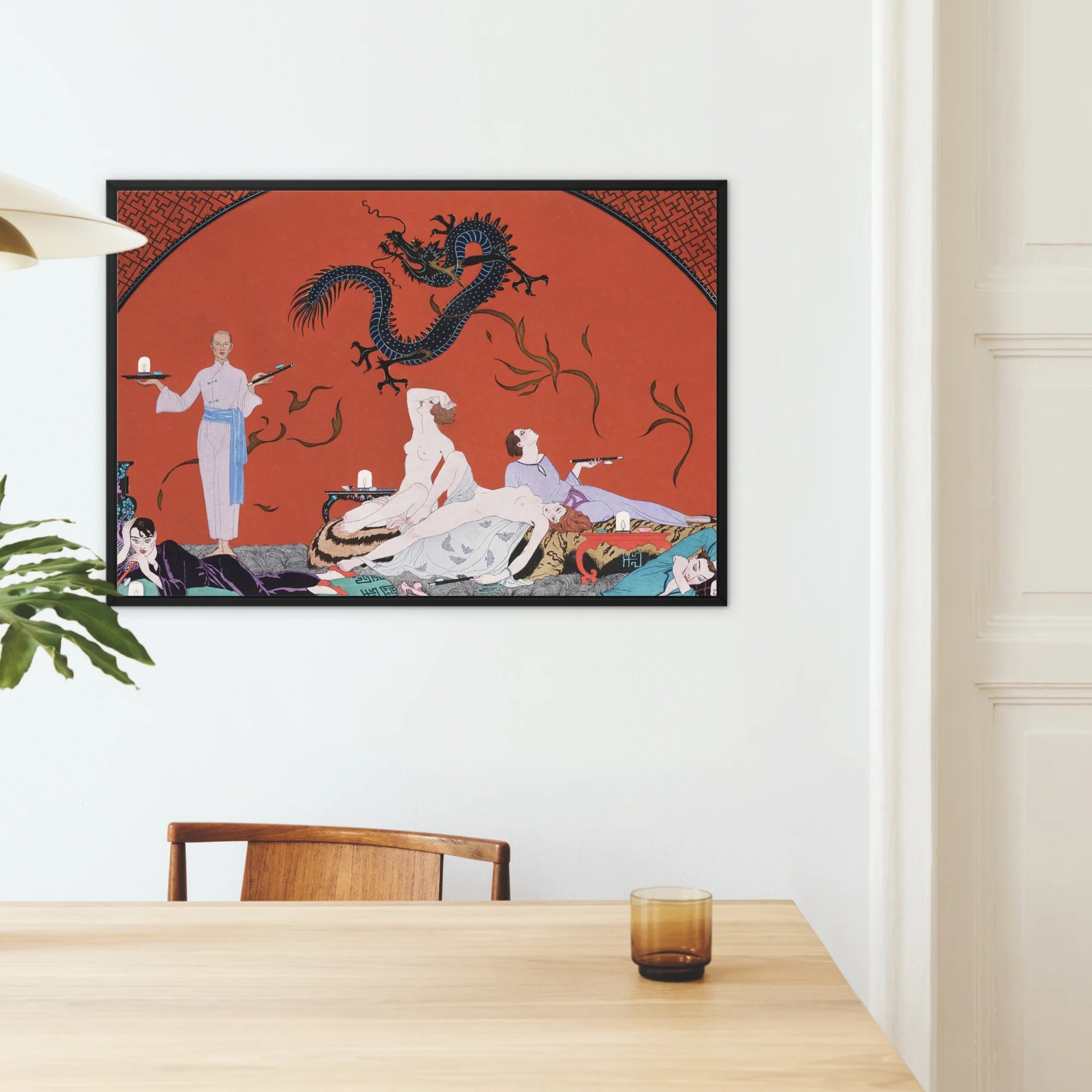 Chez La Marchande De Pavots George Barbier Framed Canvas, Framed Art Print Asian Inspired Scene Figures Dragon Red
