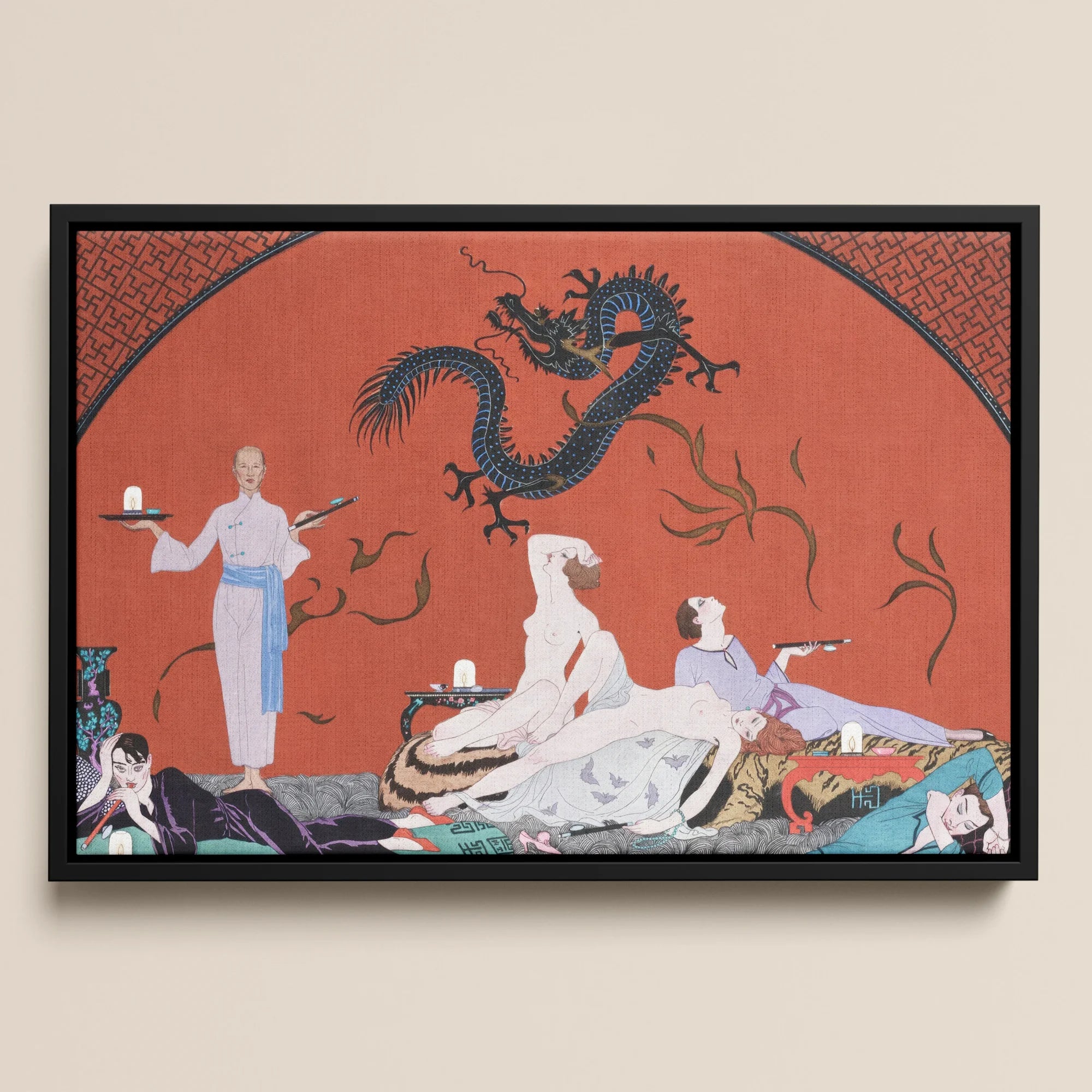 Chez La Marchande De Pavots George Barbier Framed Canvas, Framed Artwork Stylized Asian Inspired Scene Figures Dragon Red
