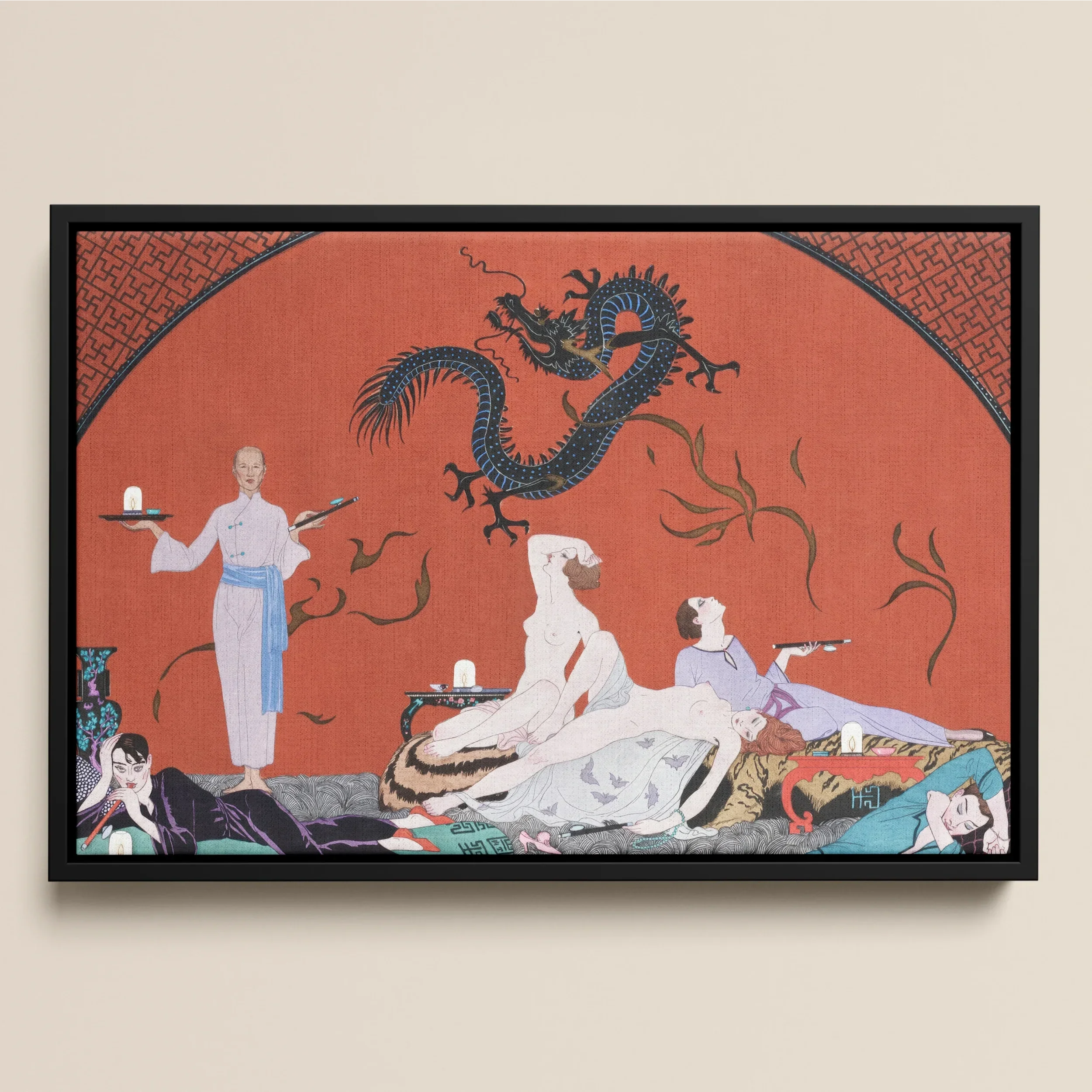 Chez La Marchande De Pavots - George Barbier Framed Canvas, Framed Artwork Stylized Asian-inspired Scene Figures Dragon