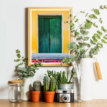 Chilli Ginger Coriander - Hoi an Photography Art Print, Framed Photograph Vibrant Green Door Yellow Wall