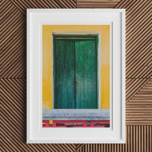 Chilli Ginger Coriander - Hoi an Photography Art Print, Framed Photograph Vibrant Green Wooden Door Yellow Wall