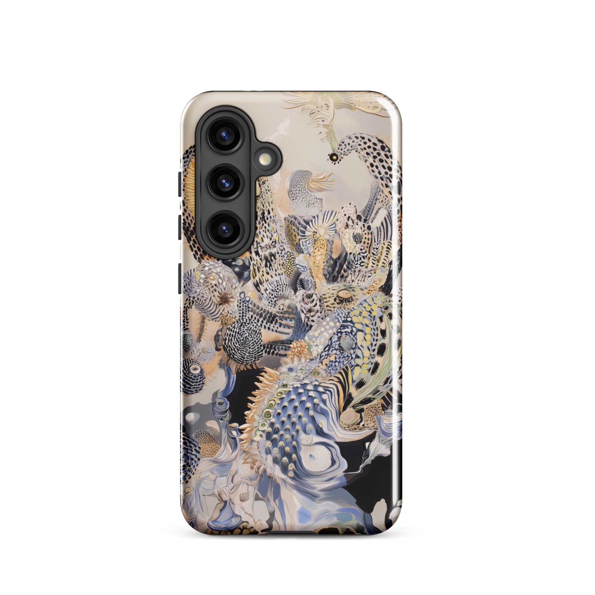 Chimera Surreal Alien Sea Creatures Samsung Case, Galaxy S24 / Gloss, White Smartphone Case Complex Abstract Pattern Black Blue