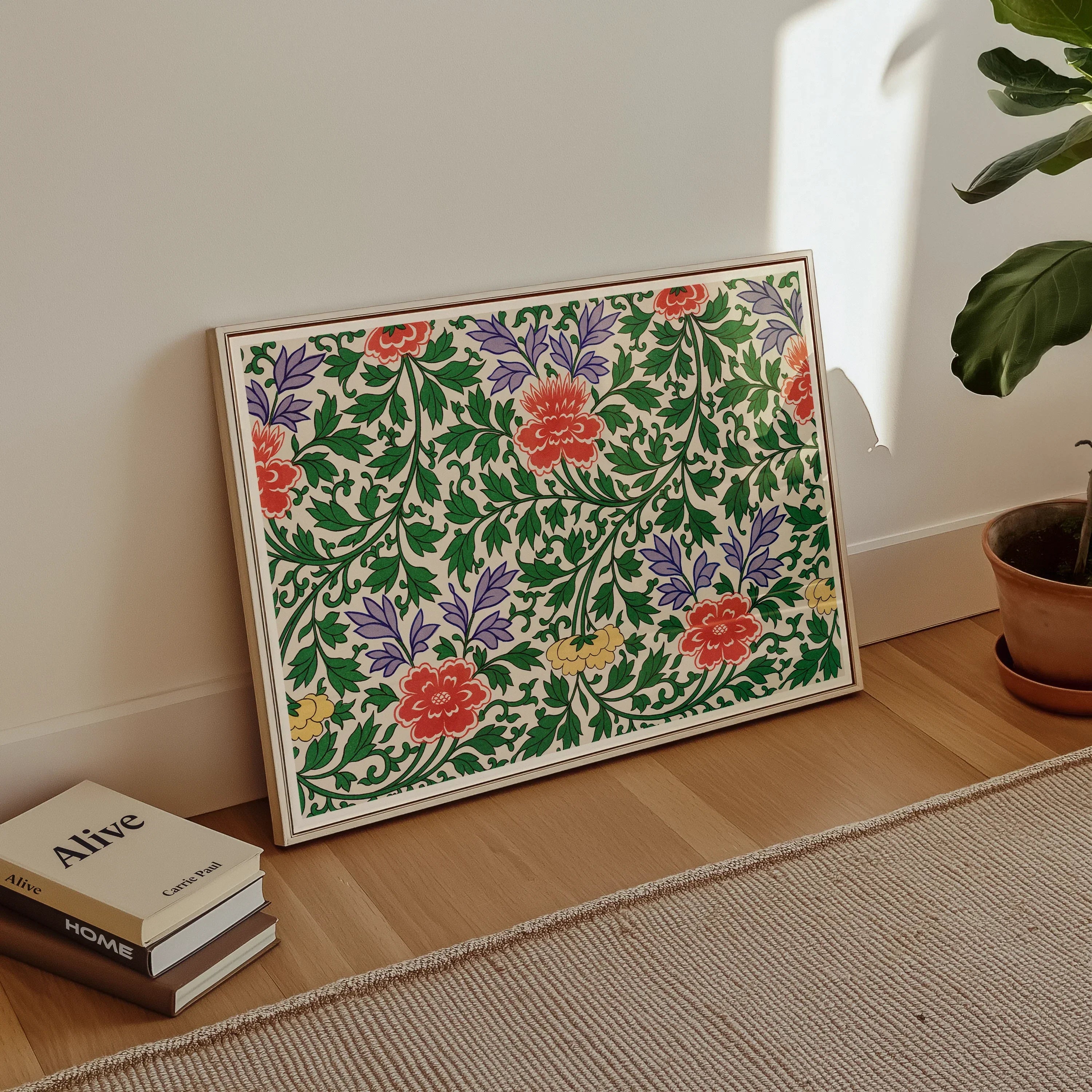 Chinese Botanical Illustration Owen Jones Art Print, Framed Floral Artwork Red Peonies Purple Blooms Green