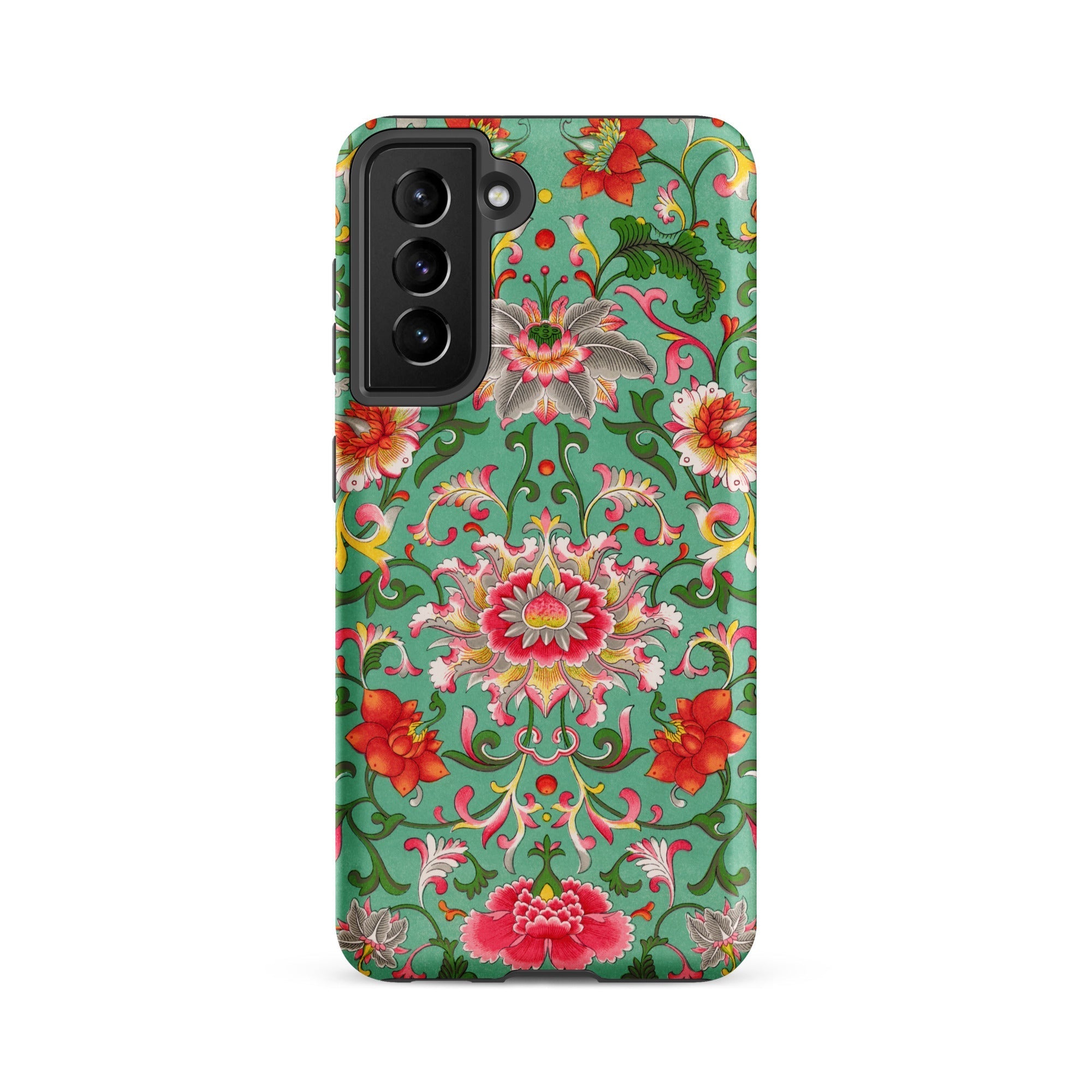 Chinese Florals Owen Jones Chinoiserie Samsung Case, Galaxy S21 Fe / Matte, Smartphone Case Vibrant Floral Pattern Teal Background
