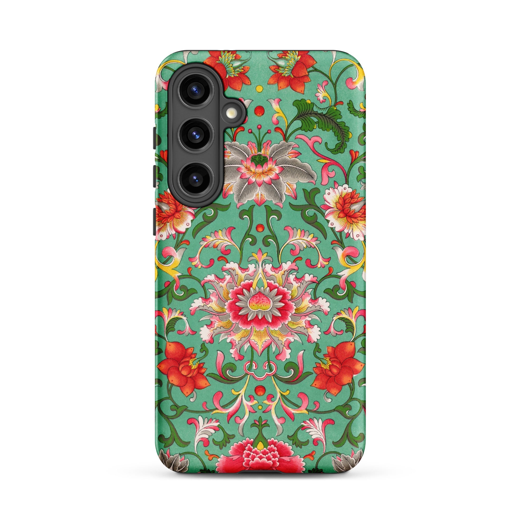 Chinese Florals Owen Jones Chinoiserie Samsung Case, Galaxy S24 Plus / Matte, Smartphone Case Vibrant Floral Pattern Teal Background