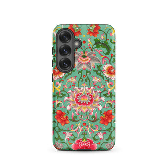 Chinese Florals - Owen Jones Chinoiserie Samsung Case, Galaxy S25 / Matte, Smartphone Case Vibrant Floral Pattern Teal Background