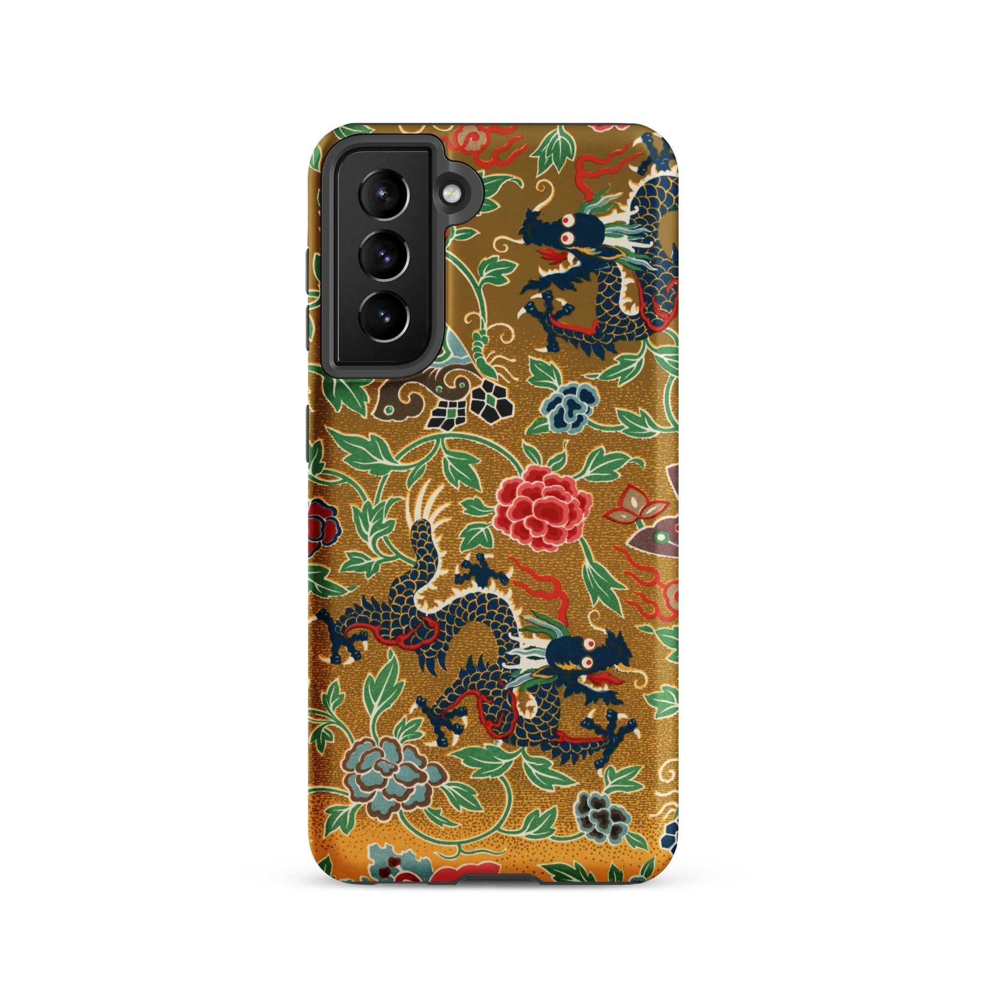Chinese and Japanese Pattern Auguste Racinet Samsung Case, Galaxy S21 / Matte, Smartphone Case Gold Background Black Dragons Red Blue