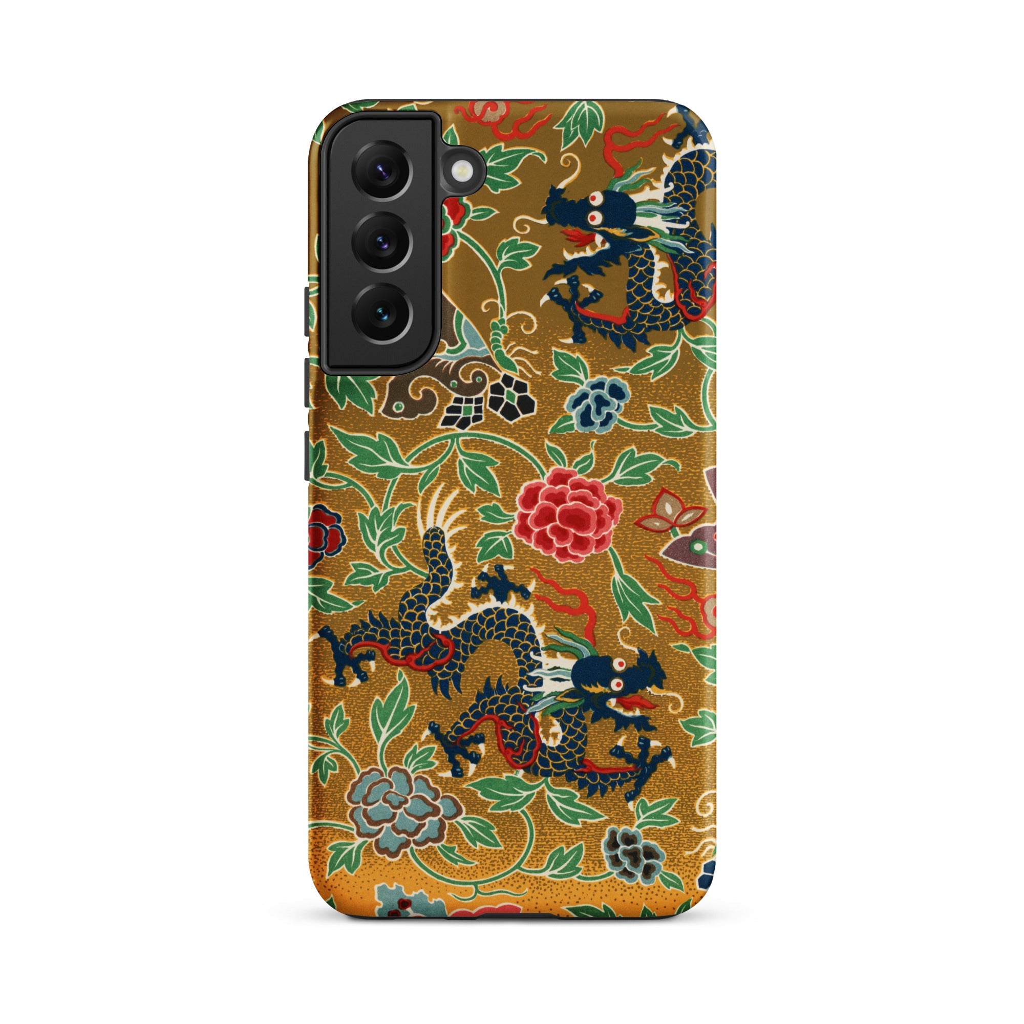 Chinese and Japanese Pattern Auguste Racinet Samsung Case, Galaxy S22 Plus / Matte, Smartphone Case Gold Background Pattern Black Blue