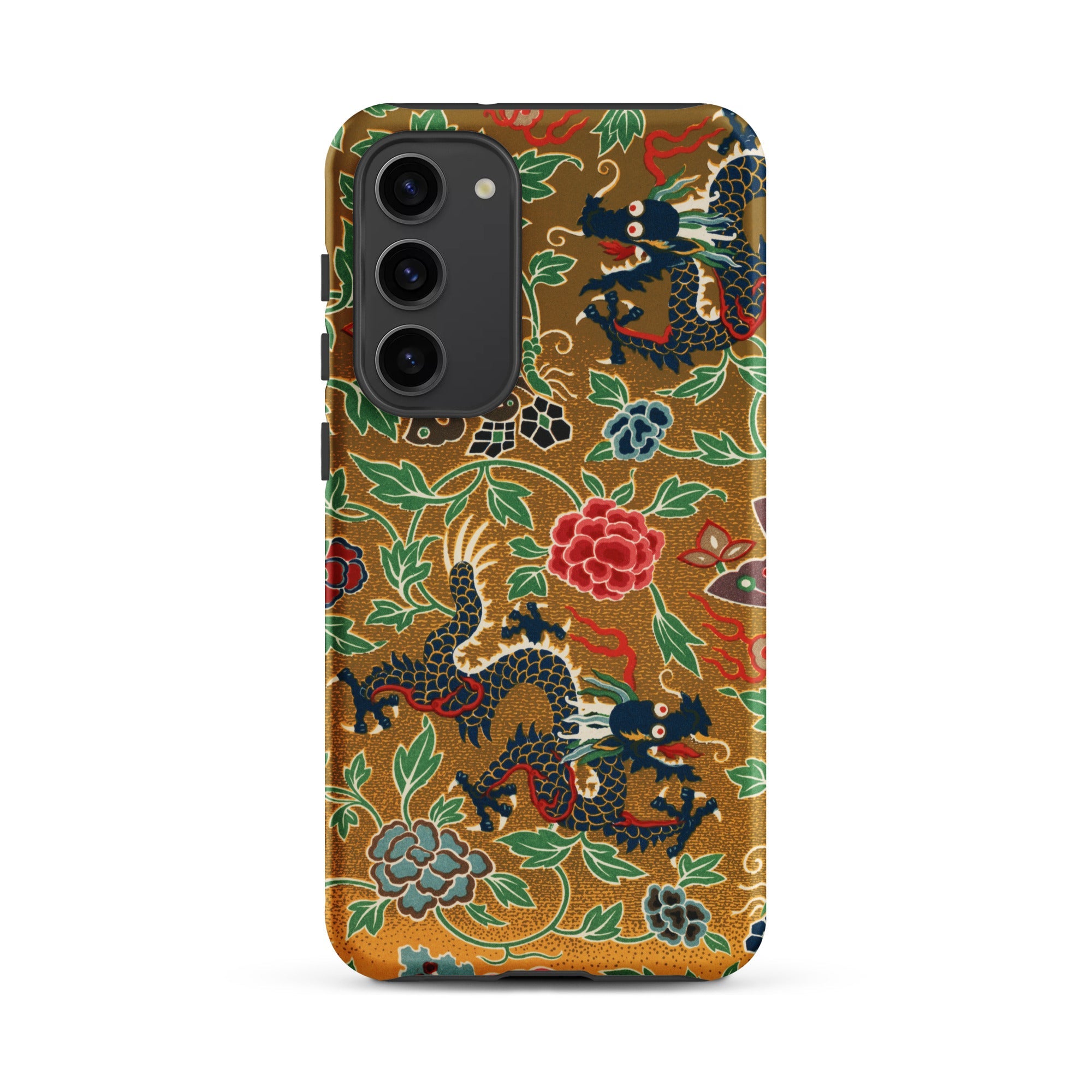Chinese and Japanese Pattern Auguste Racinet Samsung Case, Galaxy S23 Plus / Matte, Smartphone Case Gold Background Pattern Black Dragons