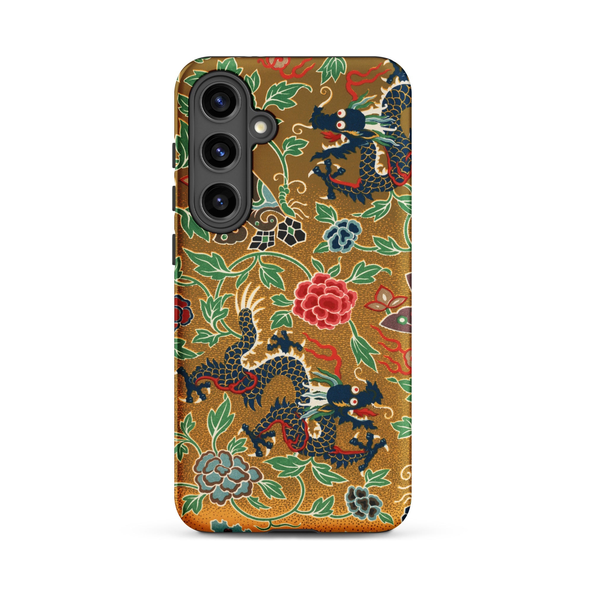 Chinese and Japanese Pattern Auguste Racinet Samsung Case, Galaxy S24 Plus / Matte, Smartphone Case Gold Background Pattern Two Black Blue