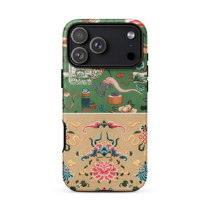 Chinoiserie Double Act - Auguste Racinet Phone Case Iphone 17 Pro Max / Matte Green Beige Floral Phone Case Dragon Design Durable Auguste