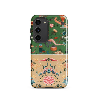 Chinoiserie Double Act - Auguste Racinet Phone Case Samsung Galaxy S23 / Matte Vibrant Green Beige Adorned Intricate Traditional Pattern,