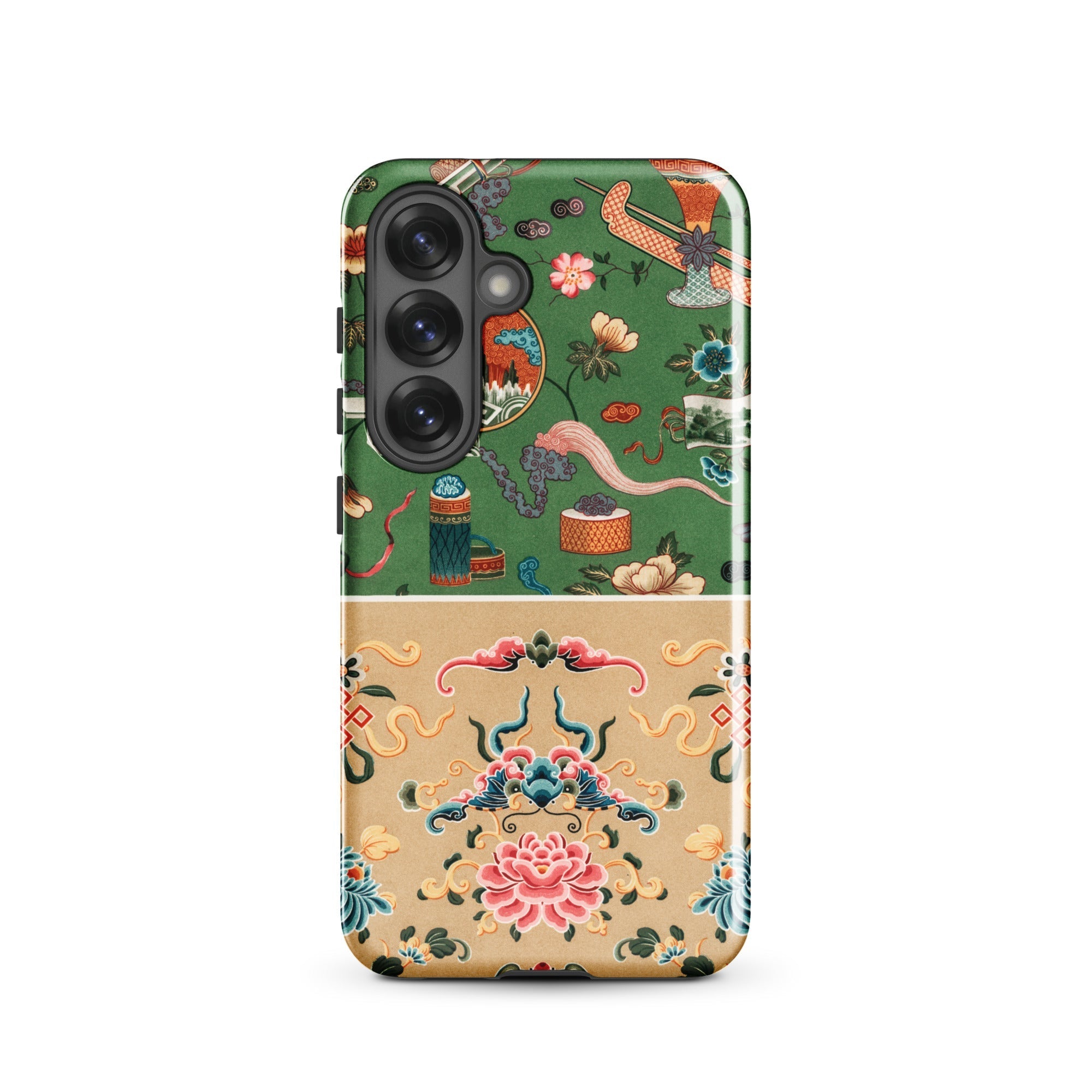 Chinoiserie Double Act Auguste Racinet Samsung Case, Galaxy S25 / Matte, Smartphone Case Two Part Design: Dark Green Upper Section