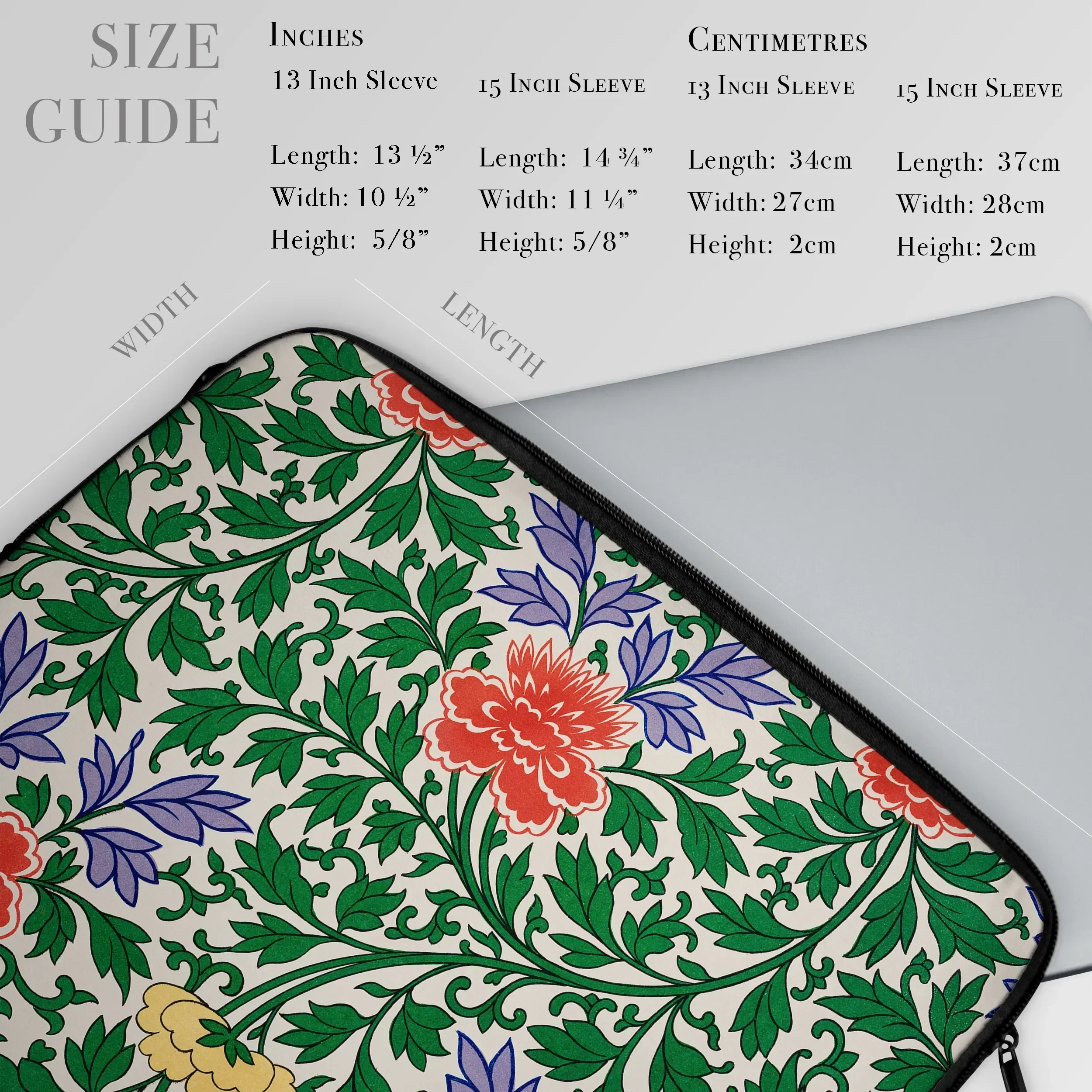 Chinoiserie Floral Illustration - Owen Jones Laptop Sleeve, Floral Patterned Laptop Sleeve Case Size Guide Information