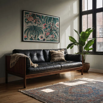 Chintz - George Loughridge Jungle Art Print, Black Leather Tufted Sofa Wooden Frame Arms