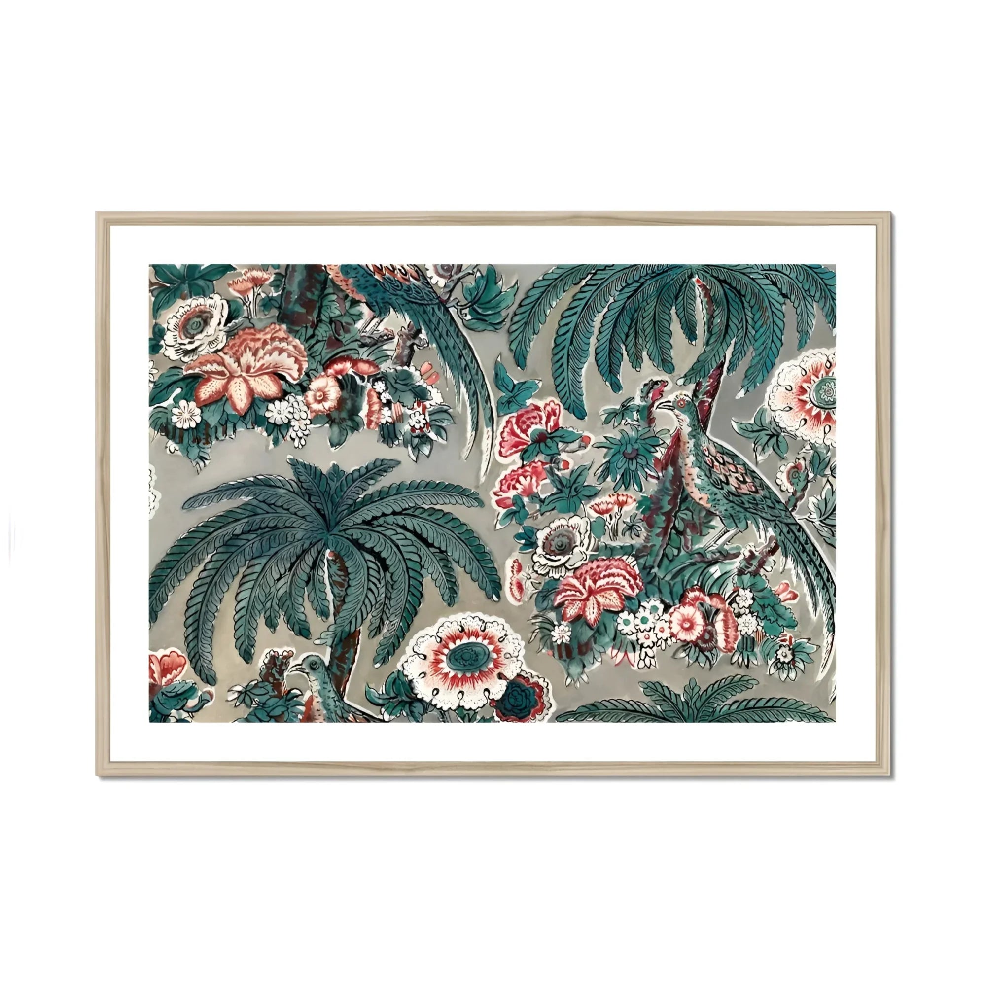 Chintz - George Loughridge Jungle Art Print, Framed Tropical Botanical Artwork Palm Fronds Pink Flowers