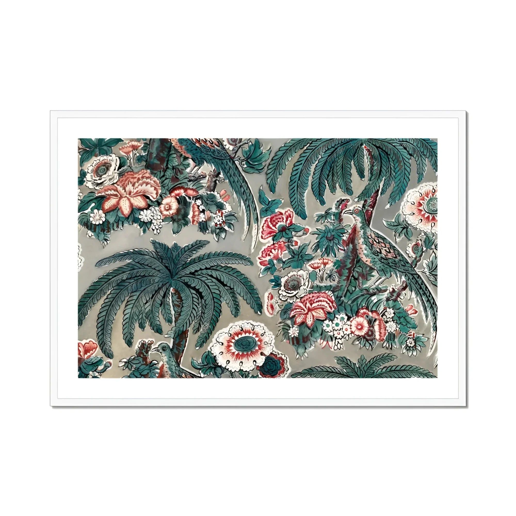 Chintz - George Loughridge Jungle Art Print, Tropical Floral Pattern Palm Fronds Pink Blooms Vintage
