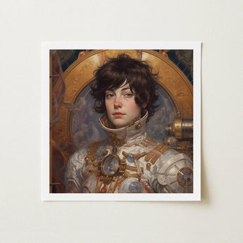Chloe - French Lesbian Astronaut Art Print / Canvas Steampunk-inspired Portrait Figure Ornate Metallic White Gold, Aesthetic, Gayest Prints