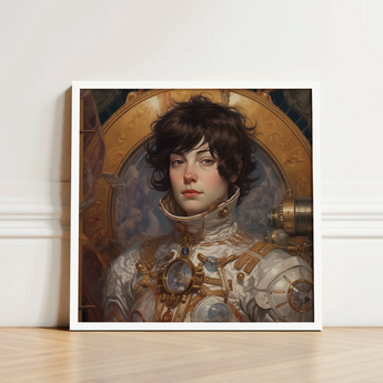 Steampunk-inspired Portrait Print Figure Ornate Metallic Armor Gold French Lesbian Astronaut, Aesthetic, Gayest