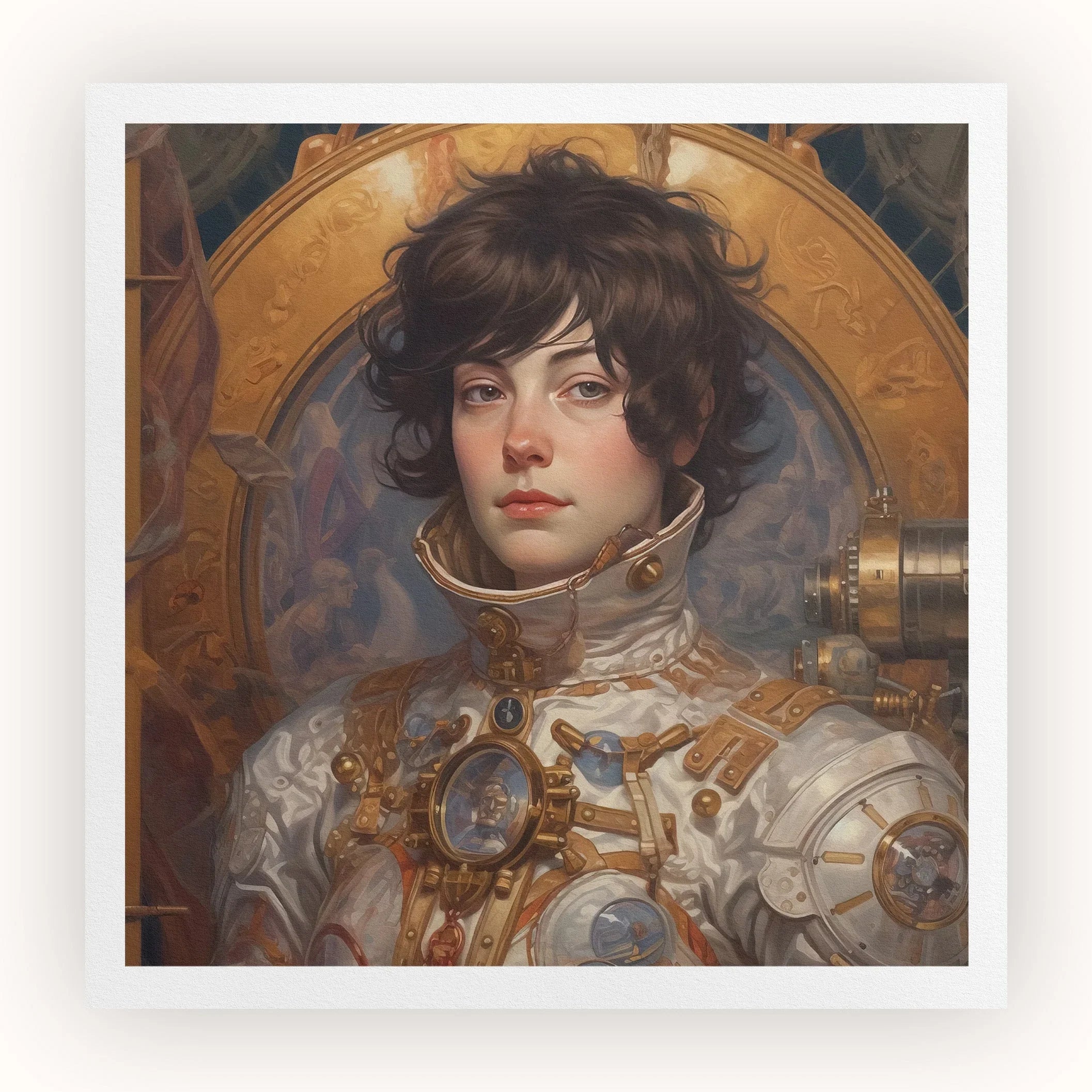 Chloe French Lesbian Astronaut Art Print, Portrait Young Person Ornate Steampunk Inspired Spacesuit Intricate Golden