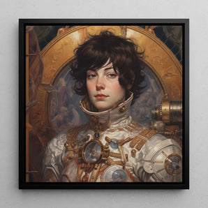 Chloé - French Lesbian Astronaut Framed Canvas, 12x12’’ / 31x31cm / Black Floating Frame, Portrait Young Person Ornate Steampunk-inspired
