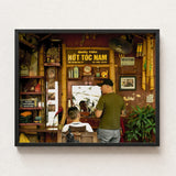 Black-framed Photograph Vietnamese Barbershop Interior Bamboo Decor Vintage Hanoi Street Photography, Chop Art, Captivating Fine