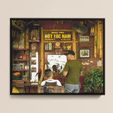 Black-framed Photograph Traditional Vietnamese Barbershop Interior Bamboo Accents Hanoi Street Photography, Chop Art, Captivating Fine