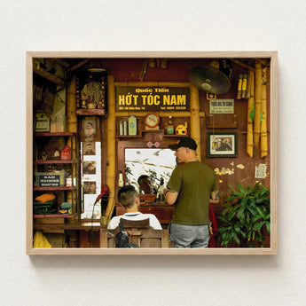 Framed Photograph Vintage Vietnamese Barbershop Interior Bamboo Accents Hanoi Street Photography, Chop Art, Captivating Fine