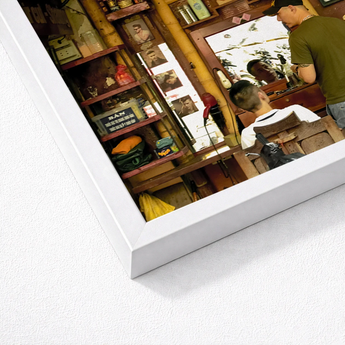 White Framed Photograph Vintage Barbershop Interior Hanoi Street Photography, Chop Art, Captivating Fine
