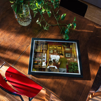 Chop - Hanoi Street Barber Photography Art Print, Framed Photograph Storefront Shop Interior Wooden Surface