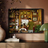 Chop - Hanoi Street Photography Framed Canvas, Framed Artwork Nostalgic Vietnamese Barbershop Scene