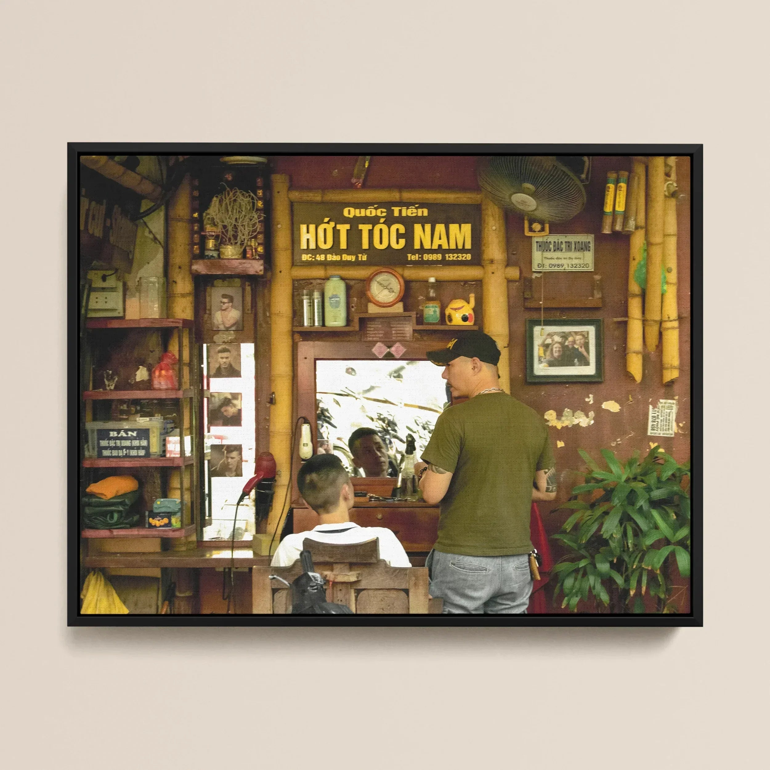 Chop - Hanoi Street Photography Framed Canvas, Framed Photograph Traditional Vietnamese Barbershop Scene Barber Young