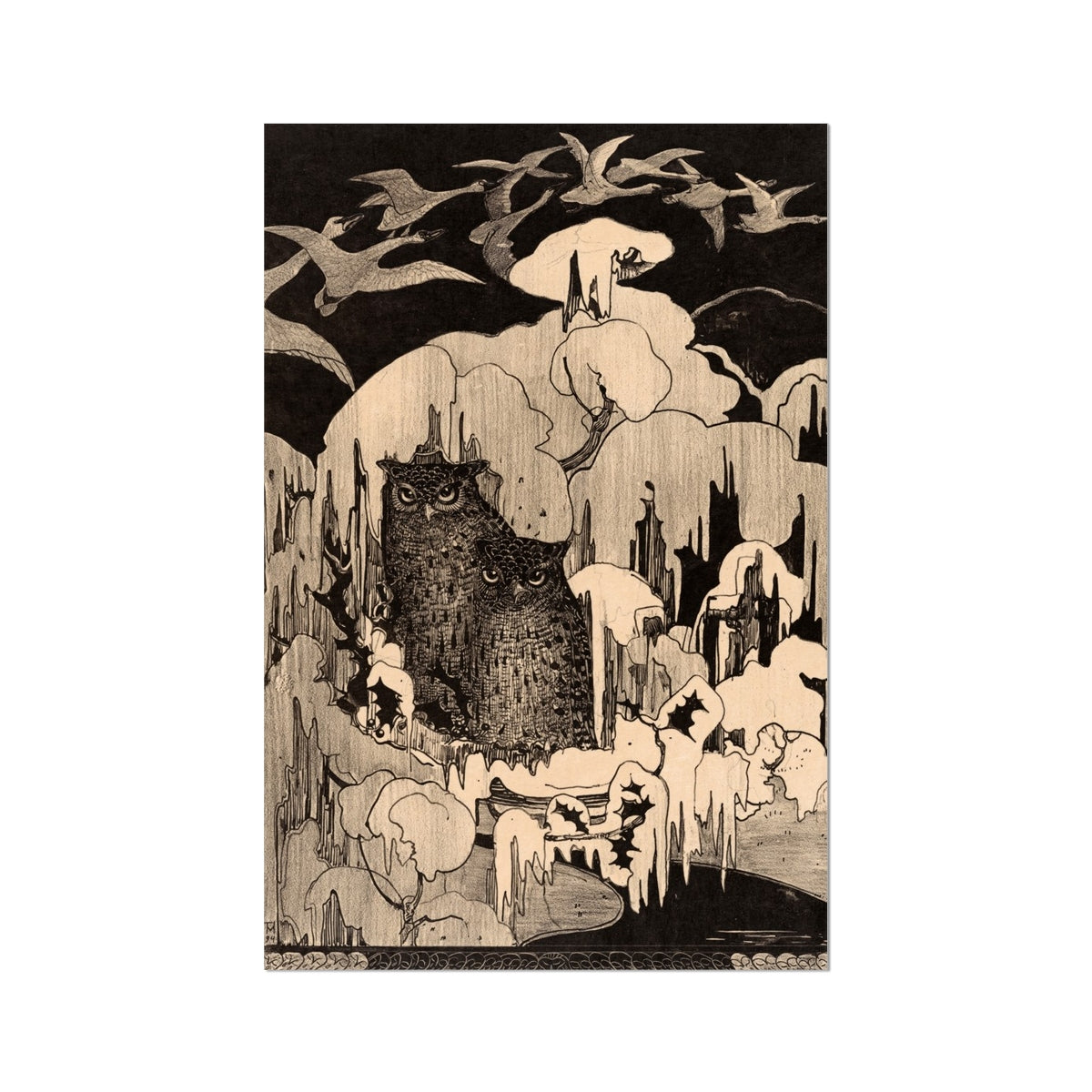 Christmas Eve - Theodorus Van Hoytema Art Print, Black White Illustration Two Owls Nestled Frosty Wintry