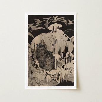 Christmas Eve - Theodorus Van Hoytema Art Print / Canvas Black Beige Illustrated Detailed Owl Perched Amidst, Snow Settles, Prints