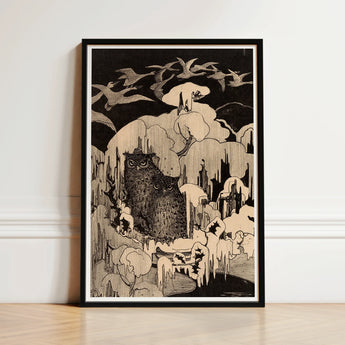 Black-framed Artwork Detailed Ink-style Illustration Owl Perched Amidst Hoytema Art Print, Snow Settles, Christmas Eve
