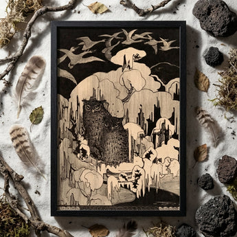 Christmas Eve - Theodorus Van Hoytema Art Print / Canvas Framed Woodburned Artwork Two Owls Snowy Icy Landscape Hoytema Art Print, Snow
