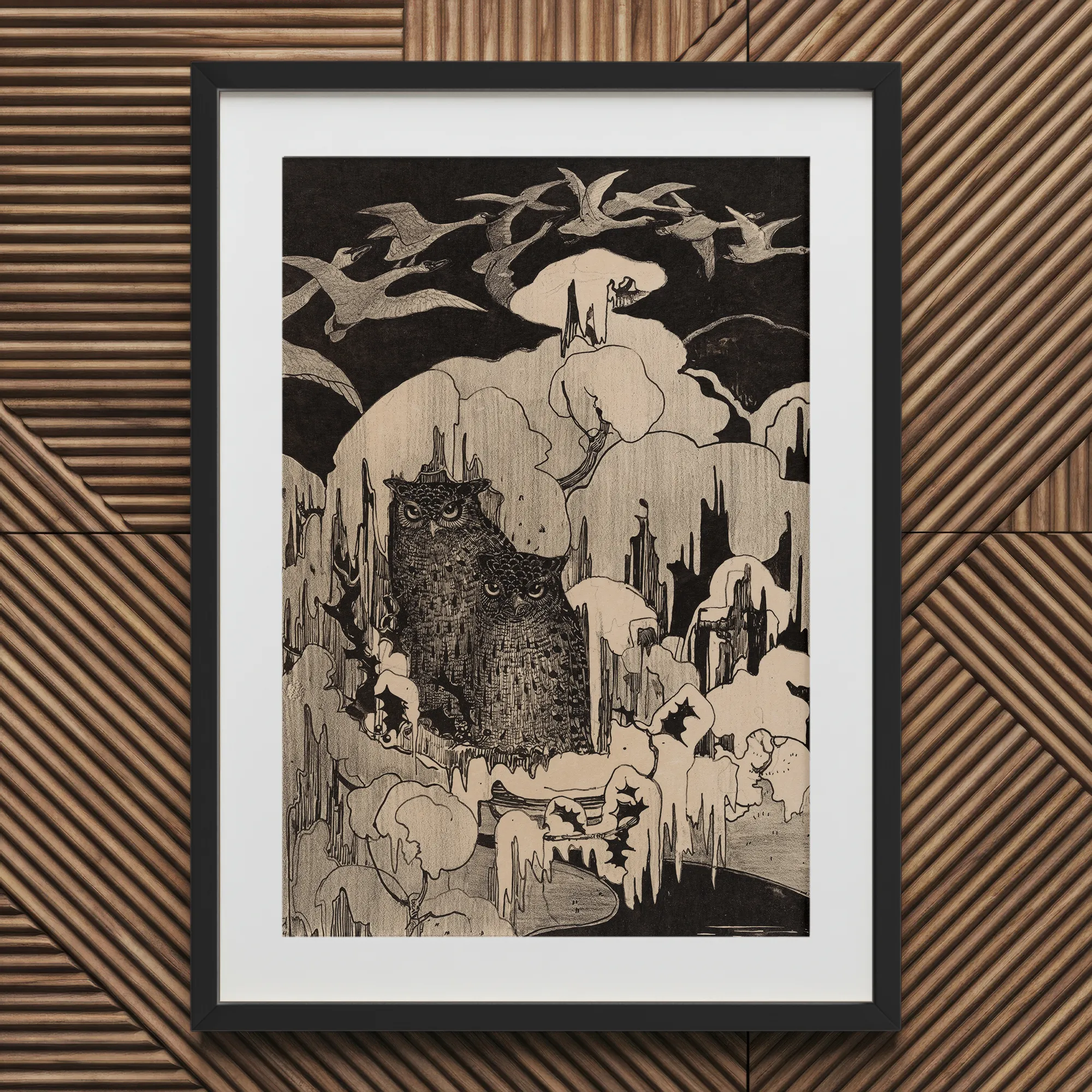 Christmas Eve - Theodorus Van Hoytema Art Print, Framed Black White Owl Illustration