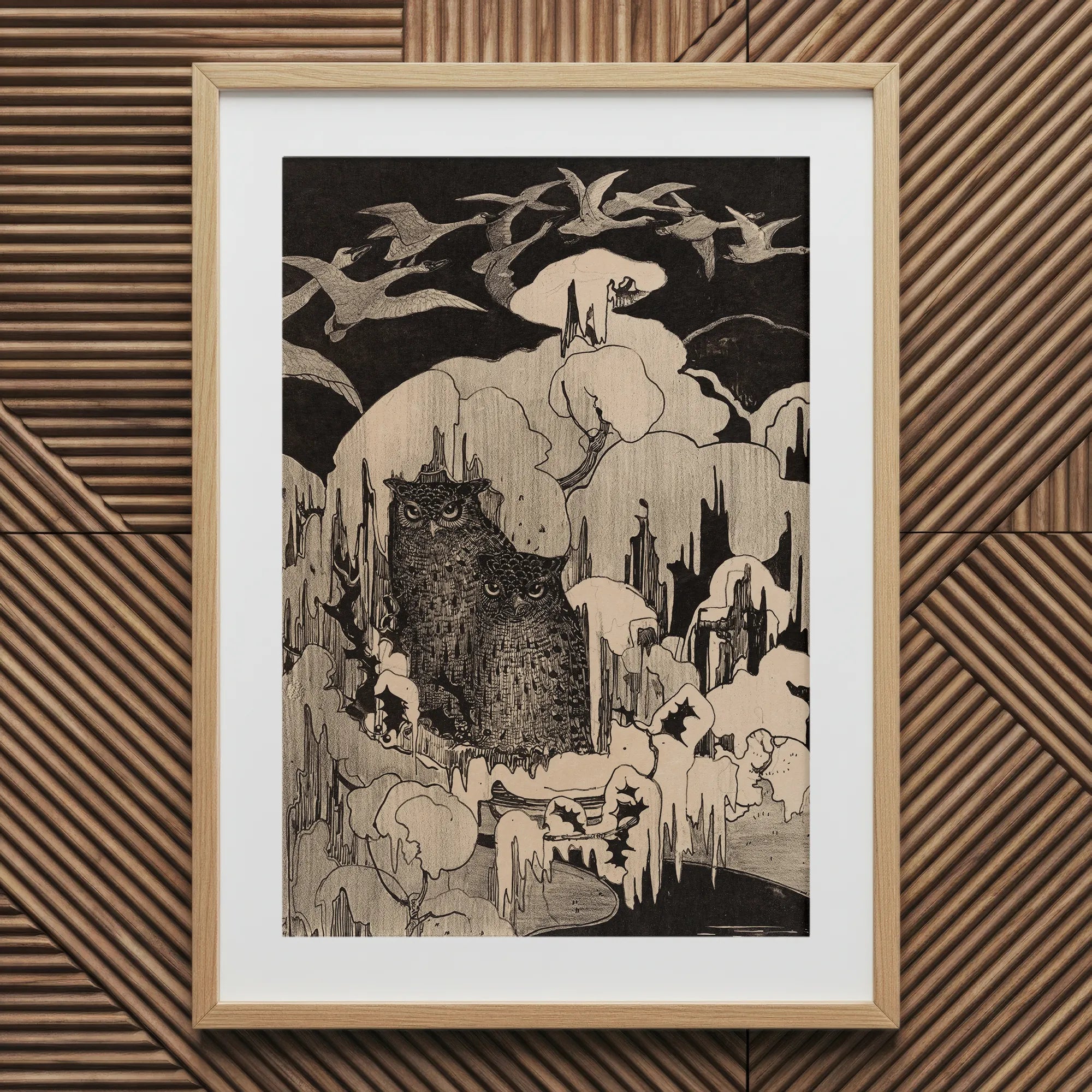 Christmas Eve - Theodorus Van Hoytema Art Print, Framed Black White Owl Illustration