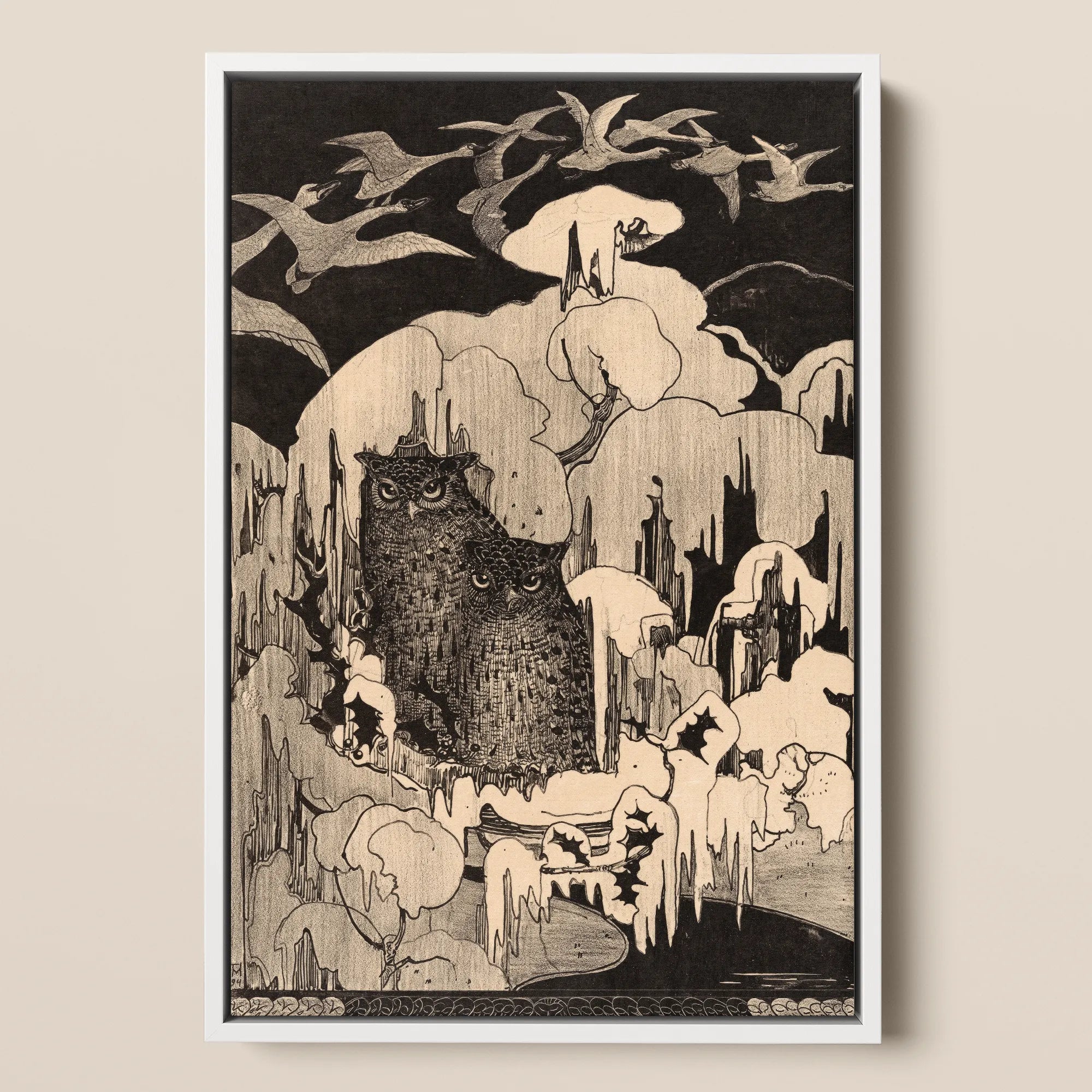 Christmas Eve - Theodorus Van Hoytema Framed Canvas, Art Print Two Owls Nestled Forest Birds Rendered